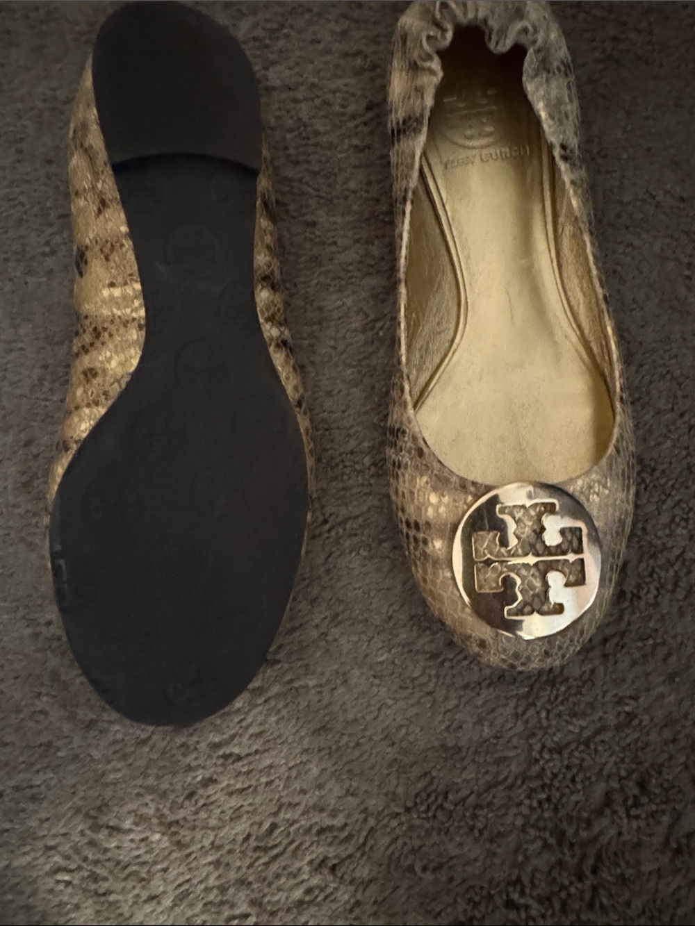 Tory Burch Metallic Gold Snake-Print Logo Ballet Flats - Picture 1 of 1